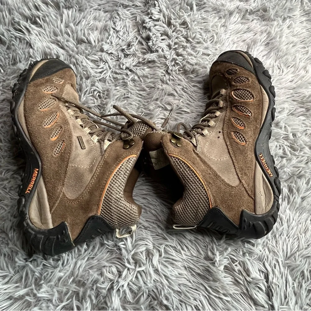 Merrell Boots Mens Size 7.5 Hiking Brown Yokota Pulse Shoes Suede Mesh Brown Mid